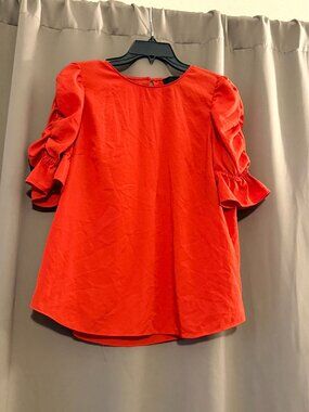 Stitch Fix Coral Red Ruched Puff Sleeve Round Neck Blouse Size Large